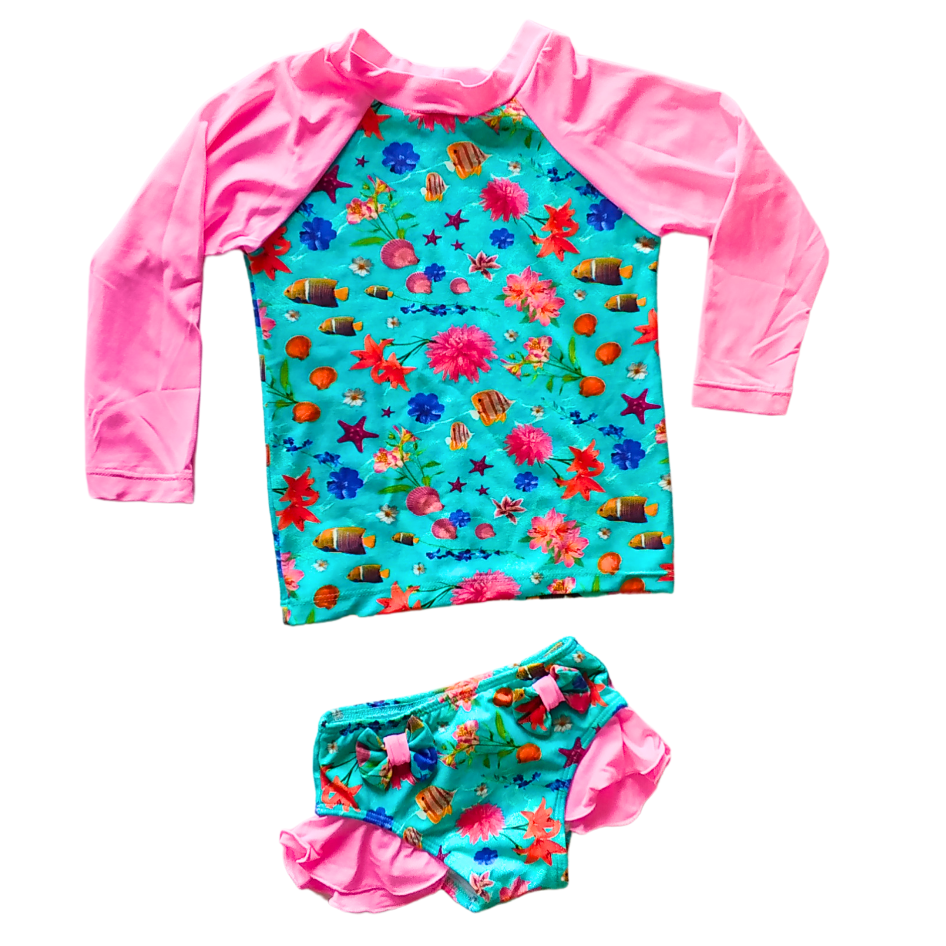 Conjunto Infantil Fundo do Mar – Blusa com Manga Longa + Calcinha com Laços | Proteção UV 50+